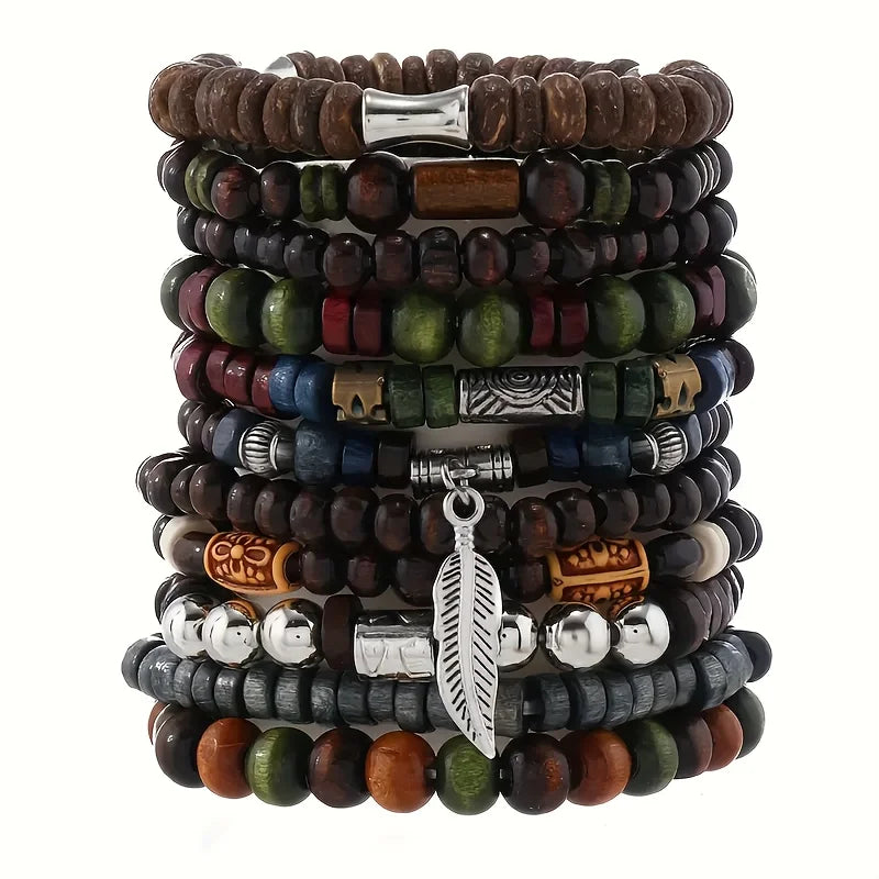 Lonovos 10Pcs Vintage Boho Men’s Bracelet Set – Stylish Leaf Wristwear