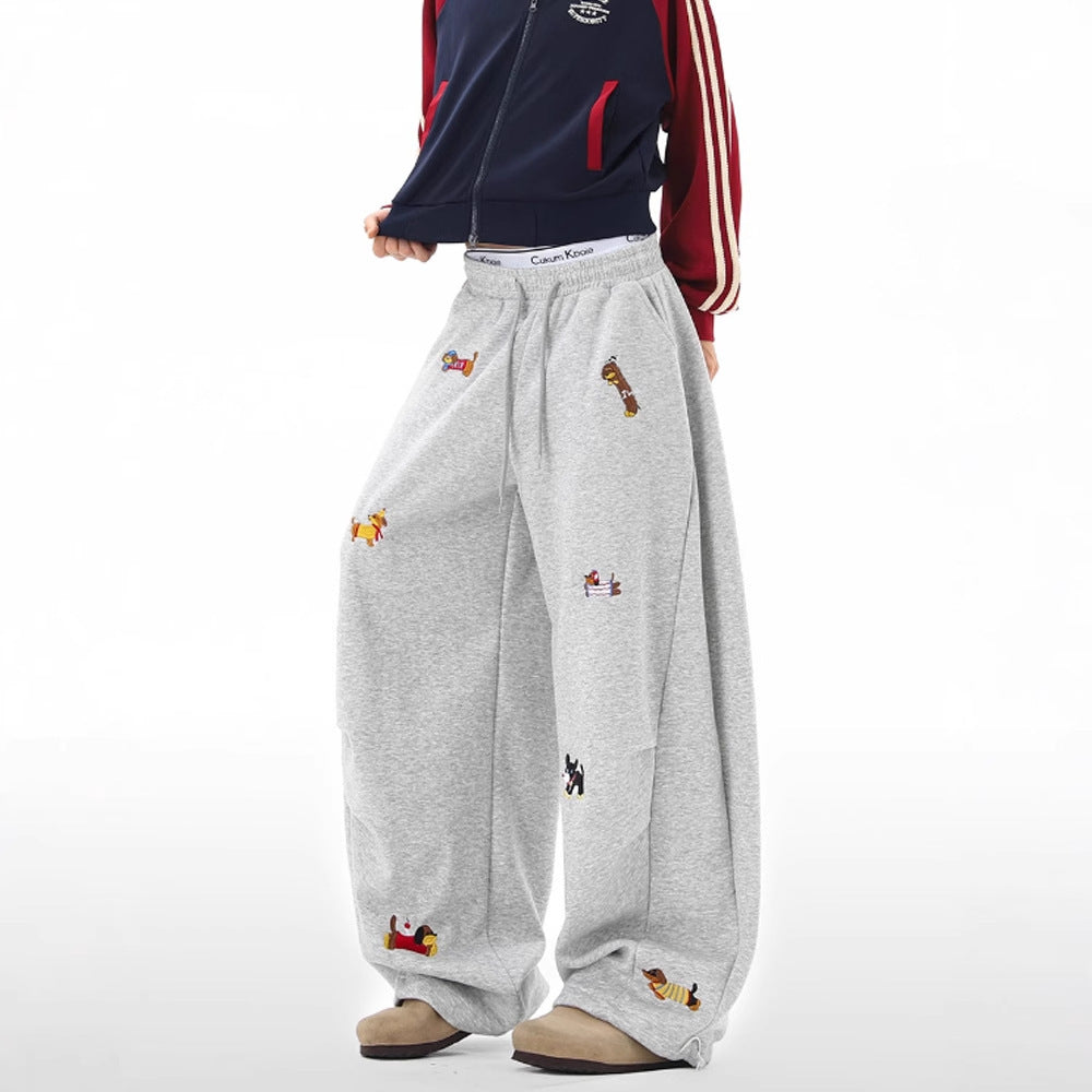 Lazy Sausage Dog Embroidered Machete Sweatpants Autumn Loose Casual