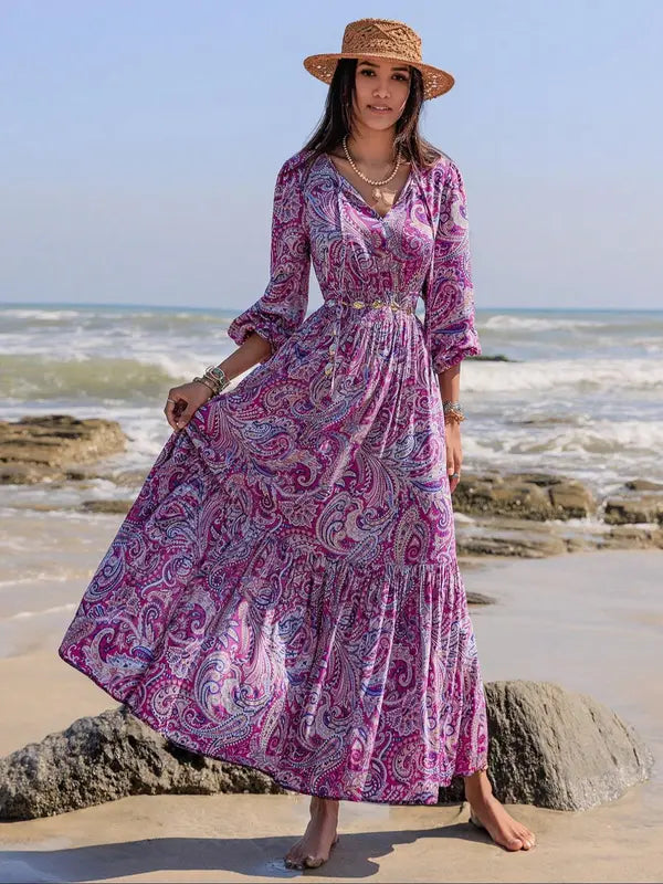 Women's Boho Floral Print Lantern Sleeve Dress