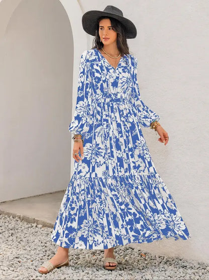 Women's Boho Floral Print Lantern Sleeve Dress
