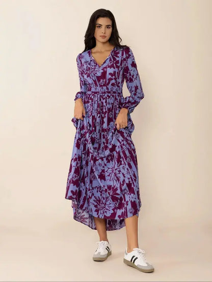 Women's Boho Floral Print Lantern Sleeve Dress