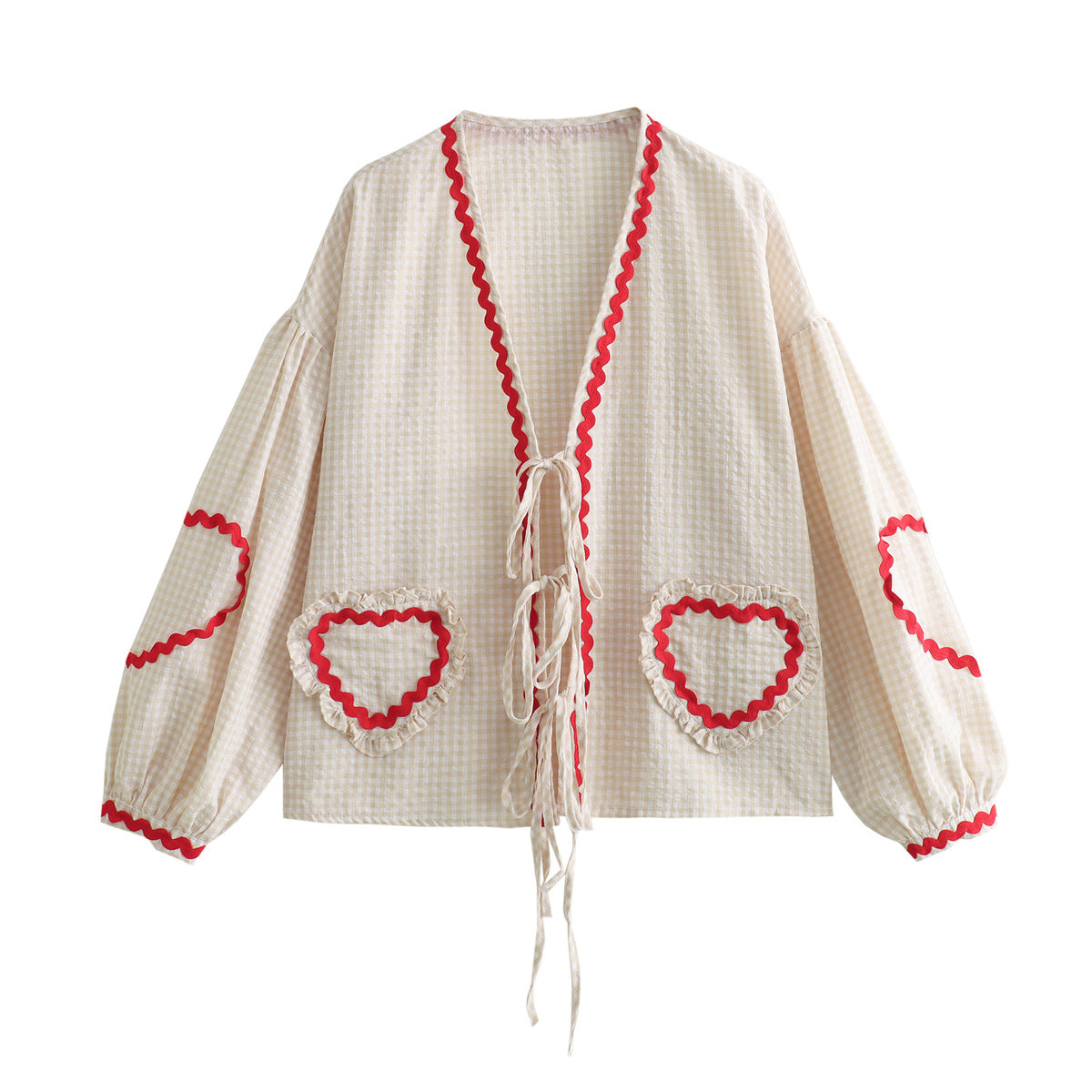 Women's Plaid V-neck Shirt Love Pocket Long Sleeve Loose Top