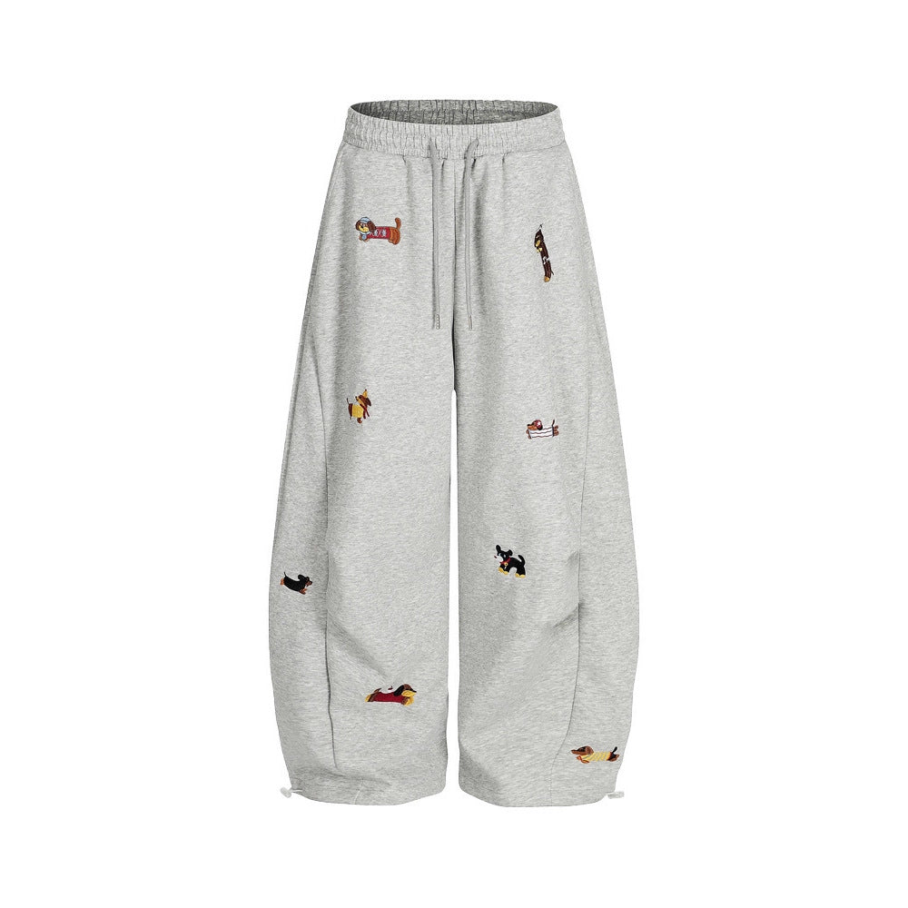 Lazy  Sausage Dog Embroidered Machete Sweatpants Autumn Loose Casual