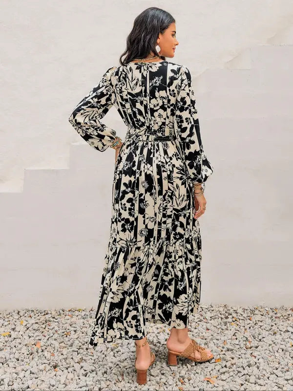 Women's Boho Floral Print Lantern Sleeve Dress