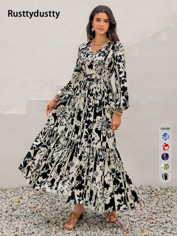 Women's Boho Floral Print Lantern Sleeve Dress