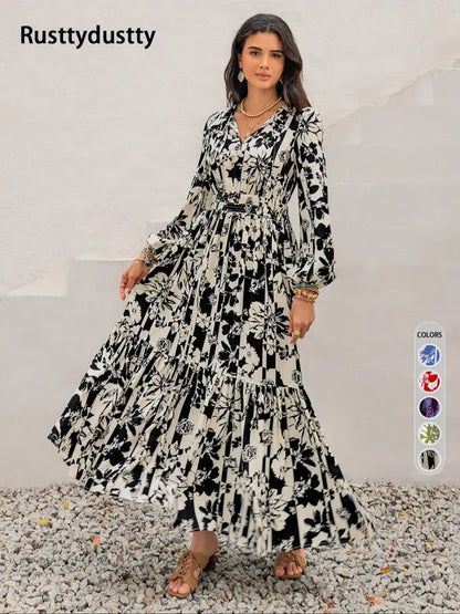 Women's Boho Floral Print Lantern Sleeve Dress