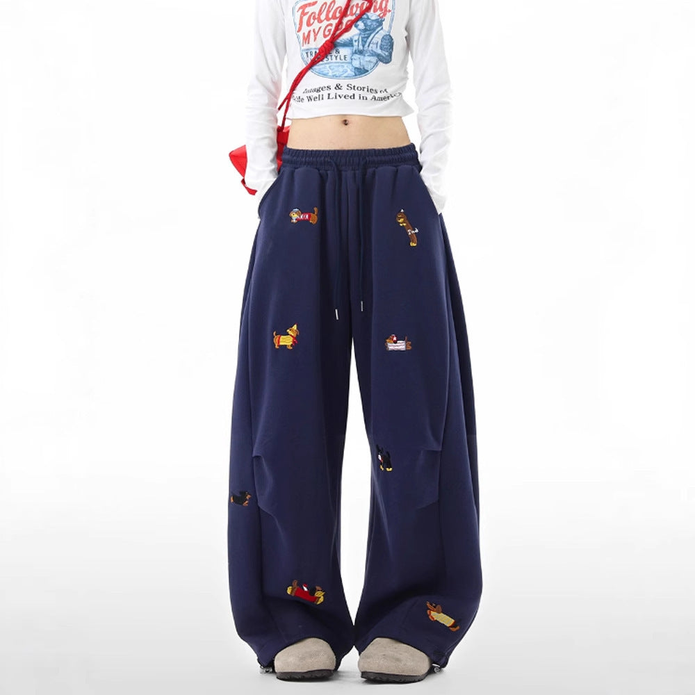 Lazy  Sausage Dog Embroidered Machete Sweatpants Autumn Loose Casual