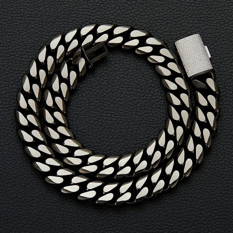 Lonovos 14mm Iced Out Cuban Link Chain – Black Stainless Steel