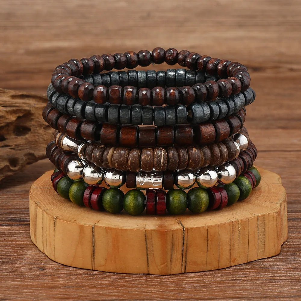 Lonovos 10Pcs Vintage Boho Men’s Bracelet Set – Stylish Leaf Wristwear