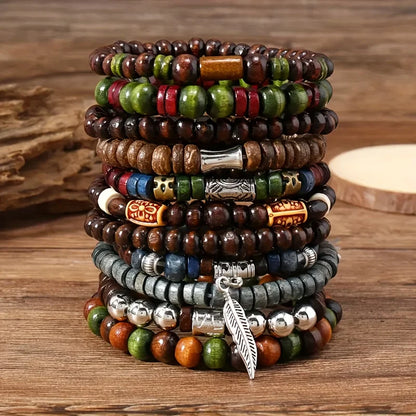 Lonovos 10Pcs Vintage Boho Men’s Bracelet Set – Stylish Leaf Wristwear