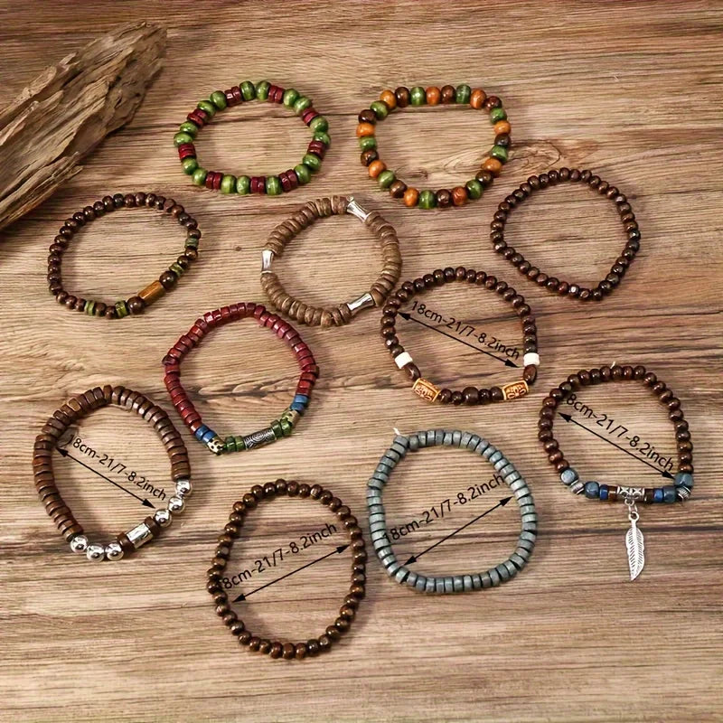 Lonovos 10Pcs Vintage Boho Men’s Bracelet Set – Stylish Leaf Wristwear