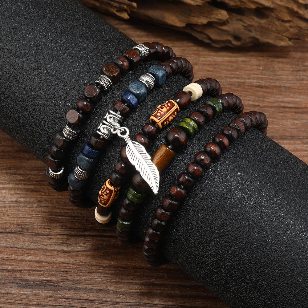 Lonovos 10Pcs Vintage Boho Men’s Bracelet Set – Stylish Leaf Wristwear