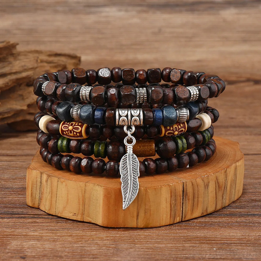 Lonovos 10Pcs Vintage Boho Men’s Bracelet Set – Stylish Leaf Wristwear