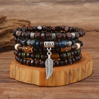 Lonovos 10Pcs Vintage Boho Men’s Bracelet Set – Stylish Leaf Wristwear