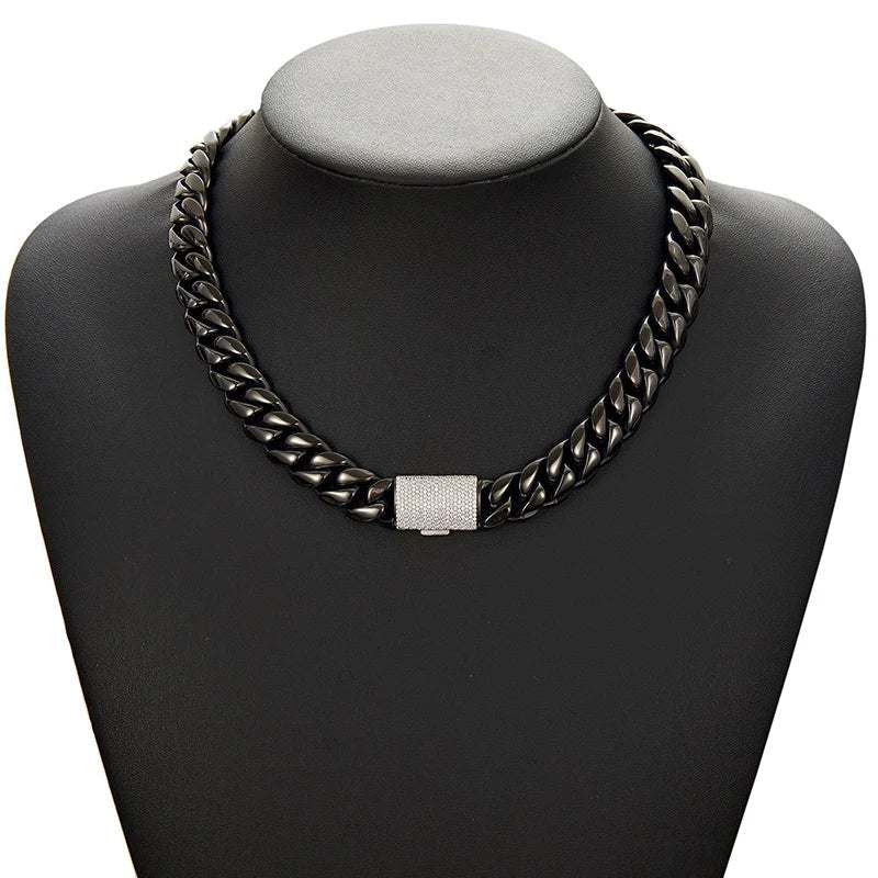 Lonovos 14mm Iced Out Cuban Link Chain – Black Stainless Steel