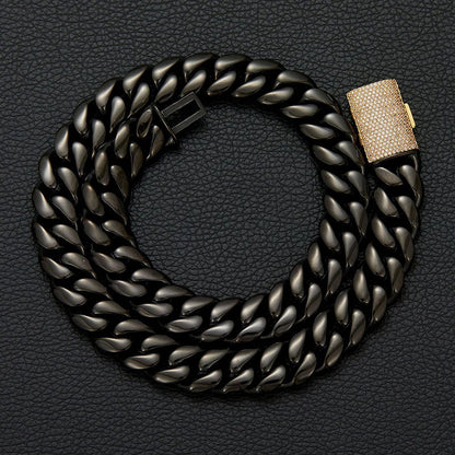 Lonovos 14mm Iced Out Cuban Link Chain – Black Stainless Steel