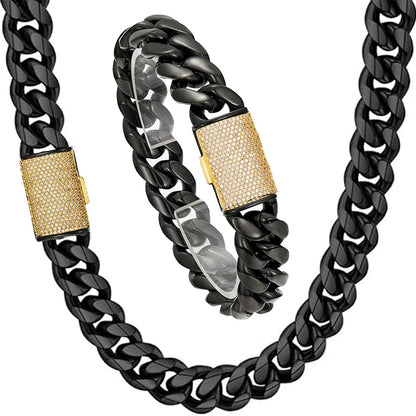 Lonovos 14mm Iced Out Cuban Link Chain – Black Stainless Steel