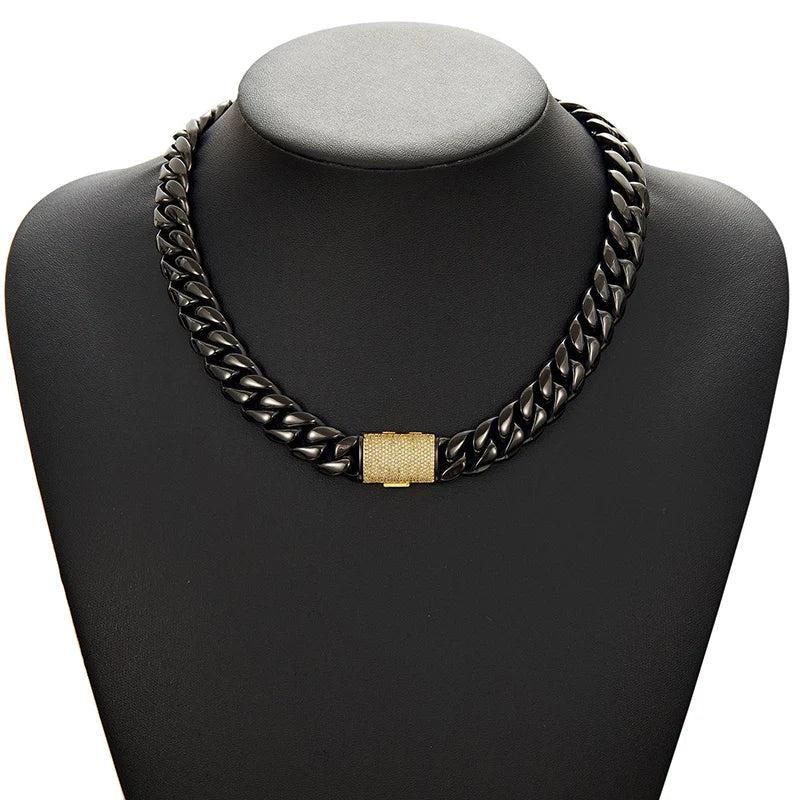 Lonovos 14mm Iced Out Cuban Link Chain – Black Stainless Steel