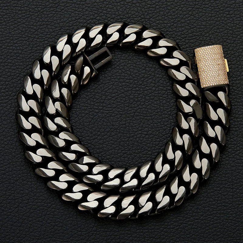 Lonovos 14mm Iced Out Cuban Link Chain – Black Stainless Steel