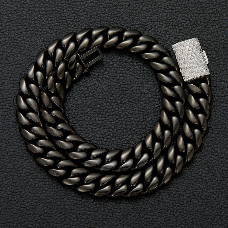 Lonovos 14mm Iced Out Cuban Link Chain – Black Stainless Steel