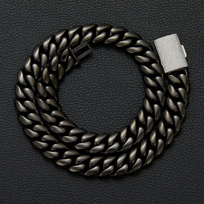 Lonovos 14mm Iced Out Cuban Link Chain – Black Stainless Steel