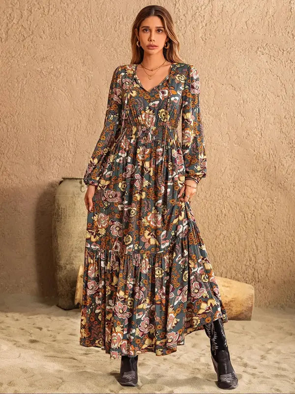 Women's Boho Floral Print Lantern Sleeve Dress