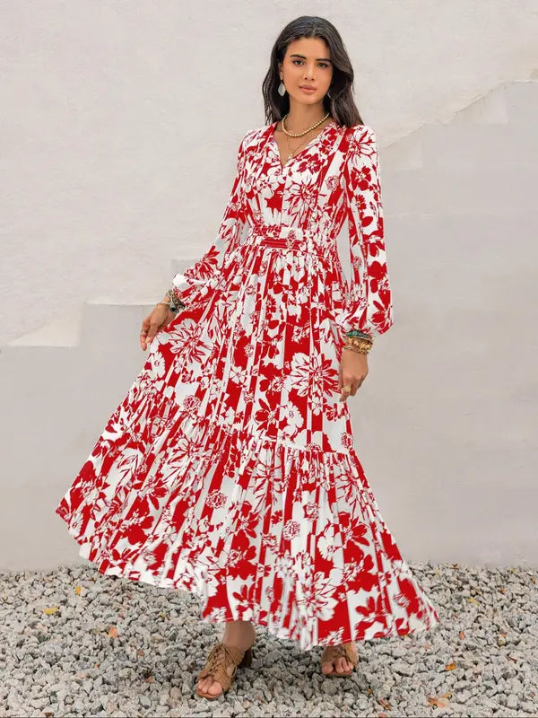 Women's Boho Floral Print Lantern Sleeve Dress