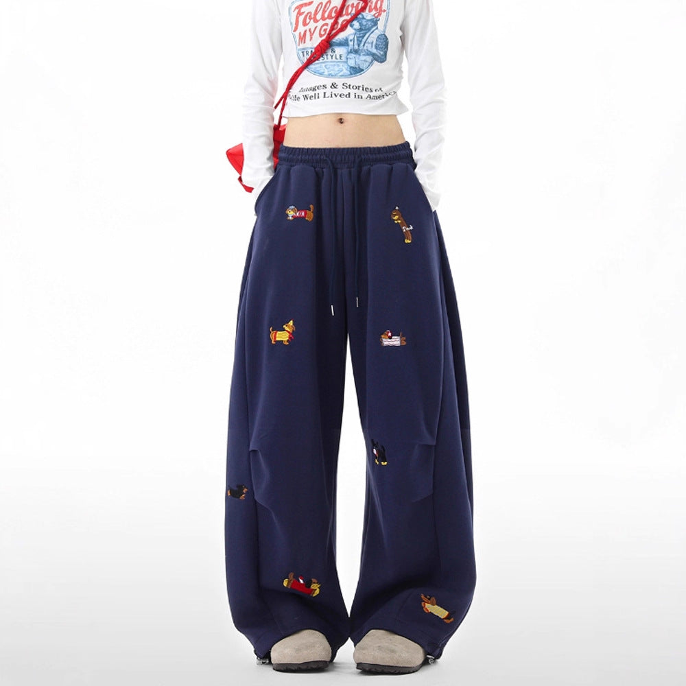 Lazy  Sausage Dog Embroidered Machete Sweatpants Autumn Loose Casual