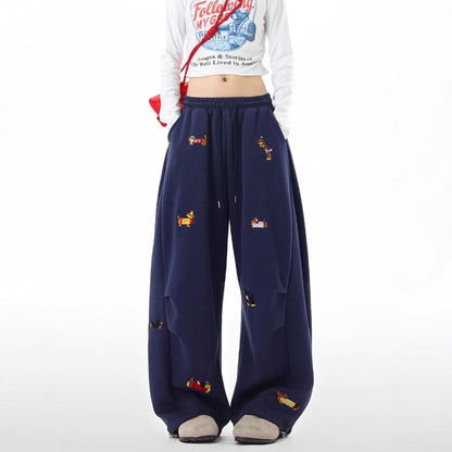 Lazy  Sausage Dog Embroidered Machete Sweatpants Autumn Loose Casual