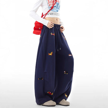 Lazy  Sausage Dog Embroidered Machete Sweatpants Autumn Loose Casual